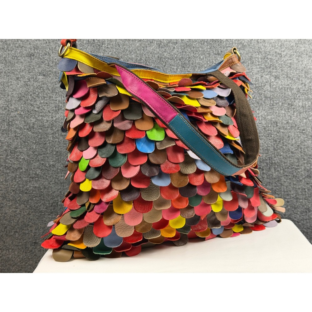 AmeriLeather Boho Rainbow Kaleidoscope Petal Leather Hobo Tote Bag Multi Color